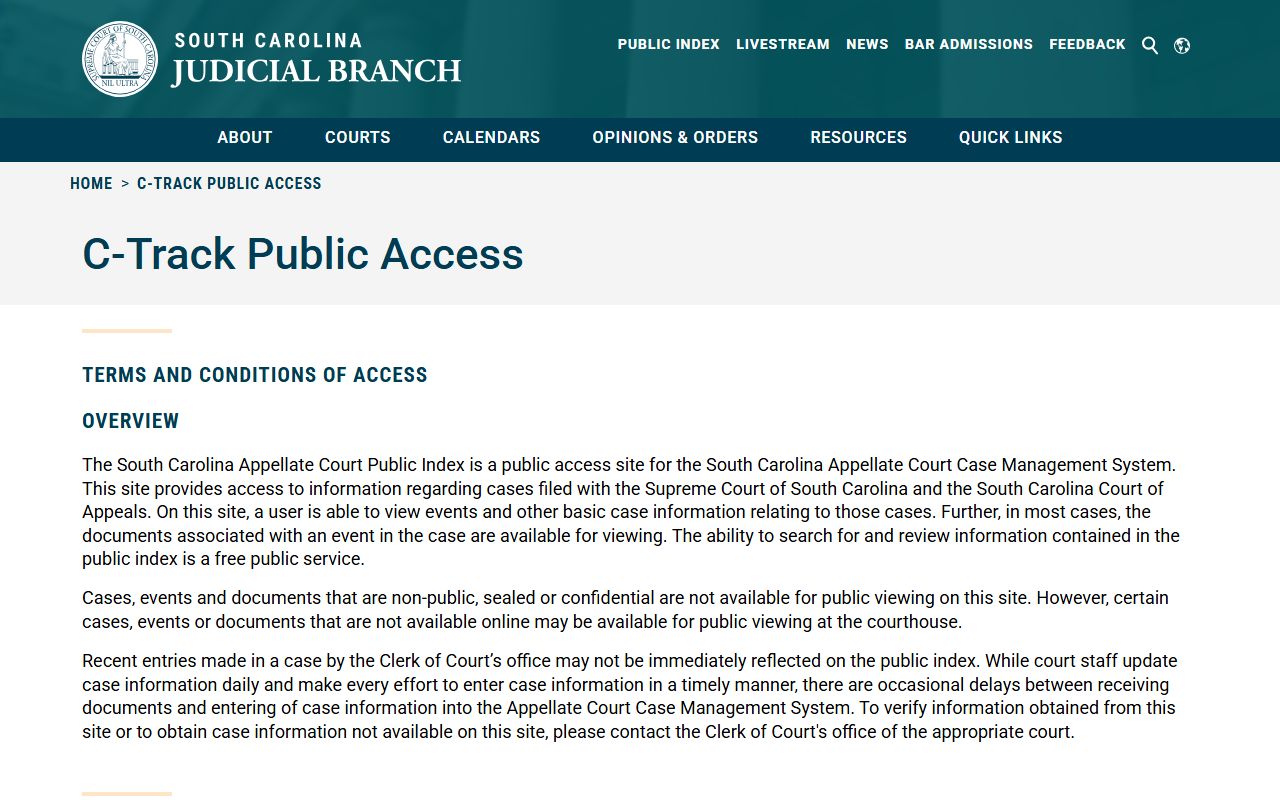 South Carolina C-Track Public Access portal for appellate family court records search