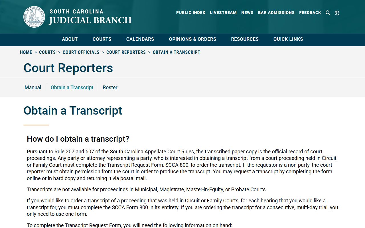 South Carolina court reporter transcript request page for family court case proceedings