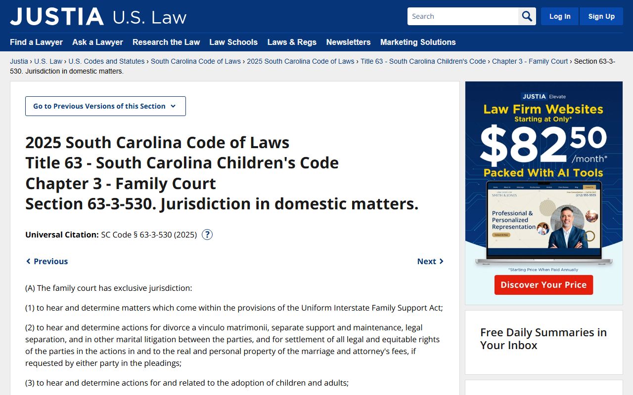 SC Code Section 63-3-530 showing family court jurisdiction for custody and family court records