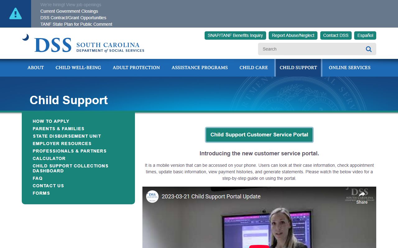 SC DSS Child Support Enforcement Division page for family court child support case records