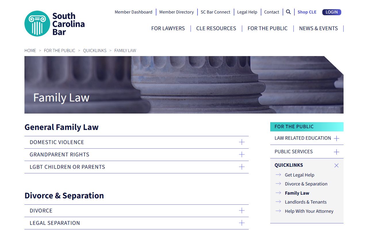 South Carolina Bar Association family law page showing resources for family court cases in South Carolina
