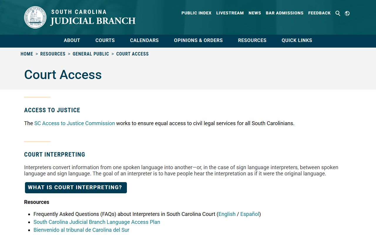 South Carolina court access FAQ page with information on viewing family court records