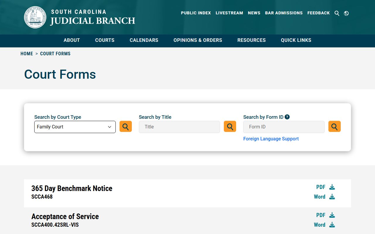 South Carolina Family Court forms page showing downloadable forms for custody, divorce, and support filings