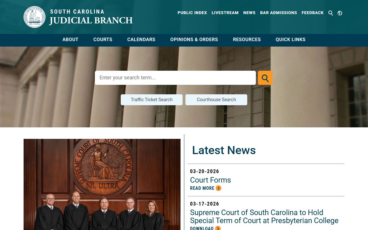 South Carolina Judicial Branch website showing family court records access portal
